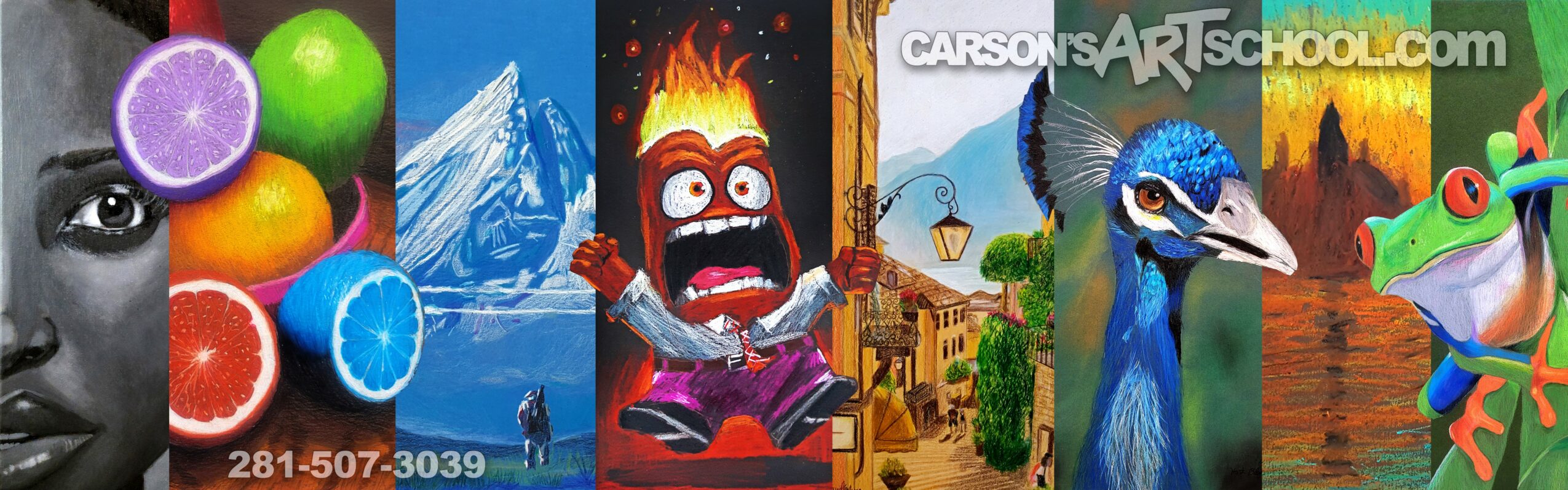 Colorful cartoon characters and scenes from art and school activities, with vibrant backgrounds and animated expressions.