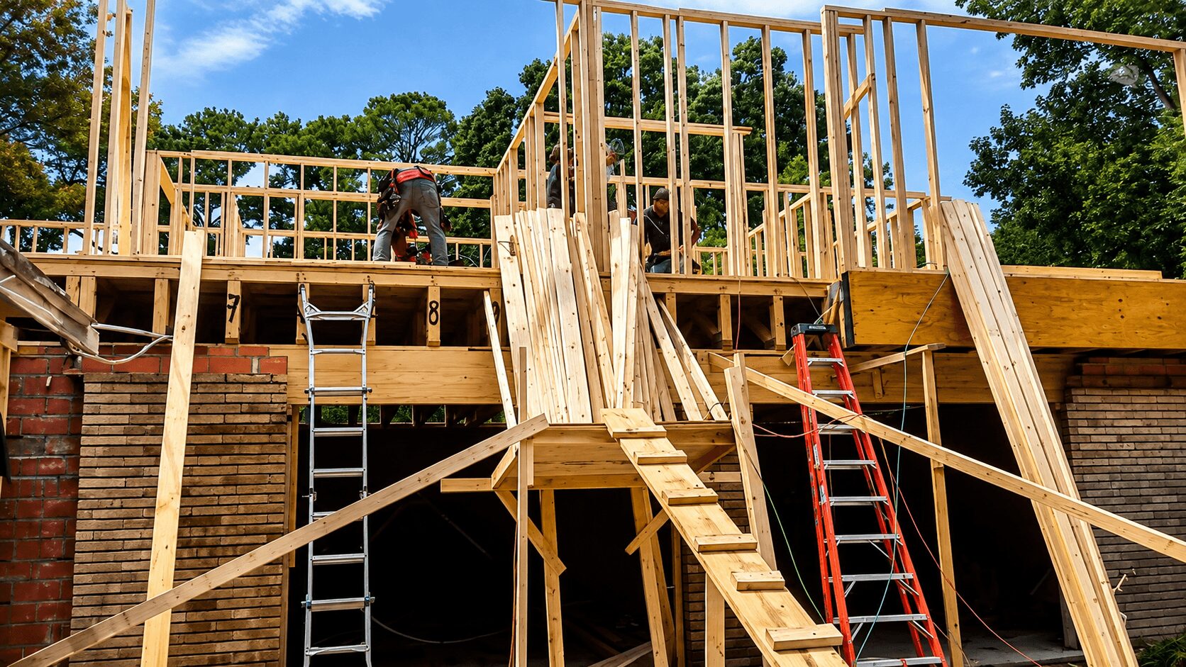 Construction worker on wooden framework of a building under construction, with ladders and trees in the background.