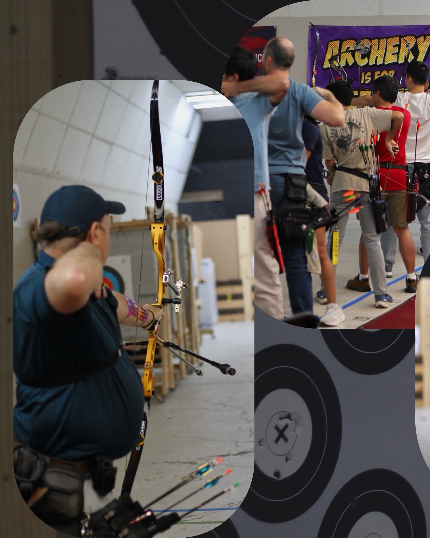 Person kneeling with a bow, aiming at a target indoors, surrounded by archery equipment and targets.