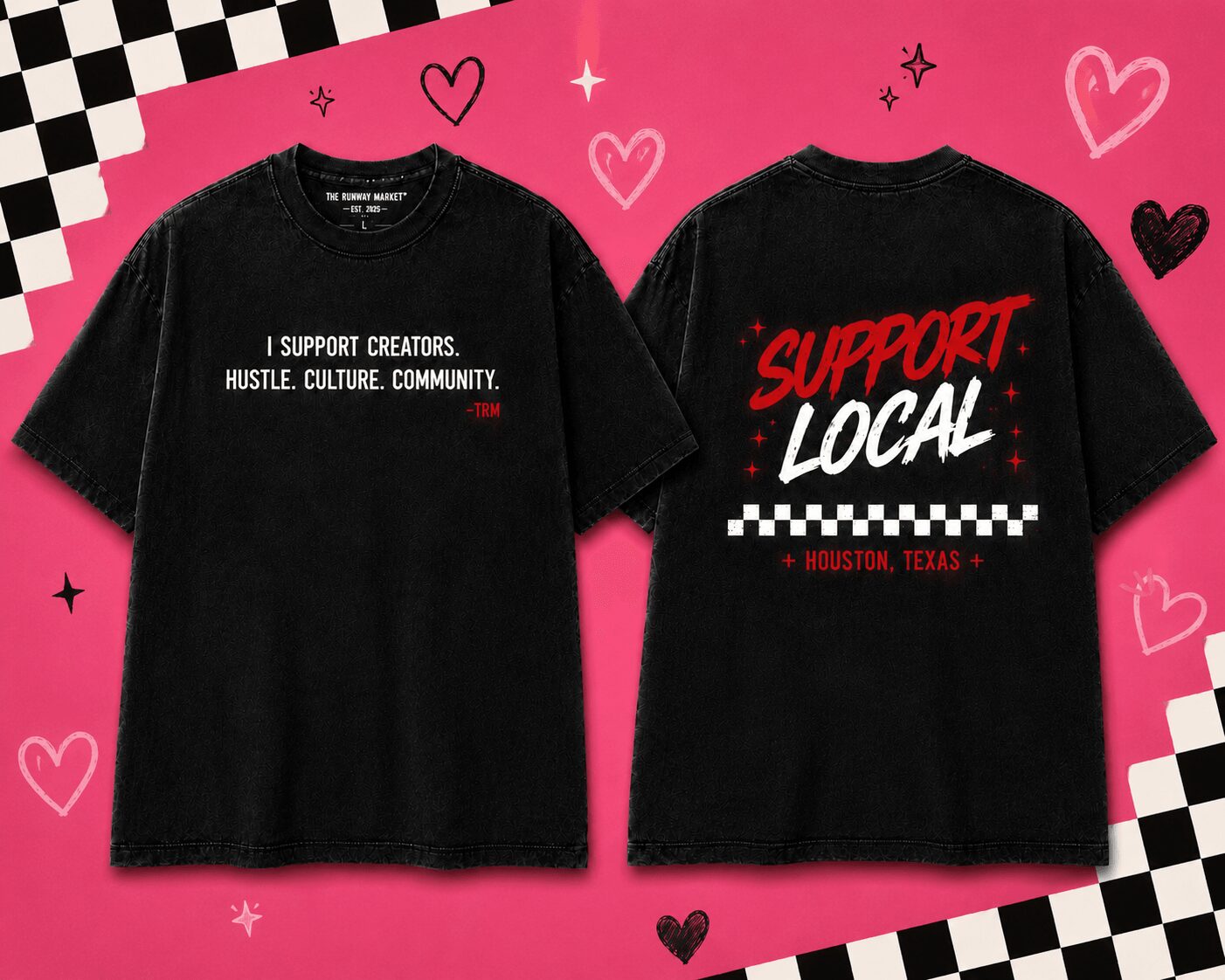 Black T-shirt with white text supporting creators, community, and culture, displayed on pink background with hearts and checkered pattern.