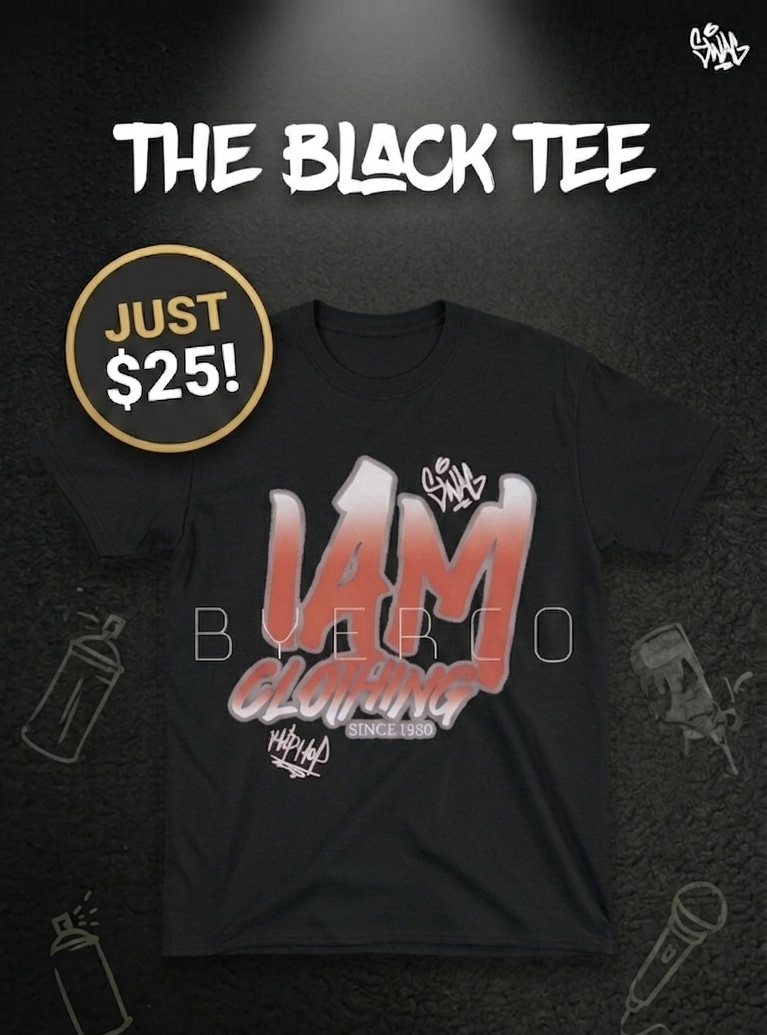 Black T-shirt with bold red and white text, promotional price, and various small graphic icons around it.