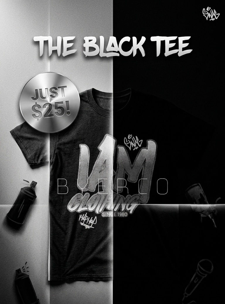 Black T-shirt with text, promotional sign, and various objects, split into light and dark halves, with promotional message. Word count: 20