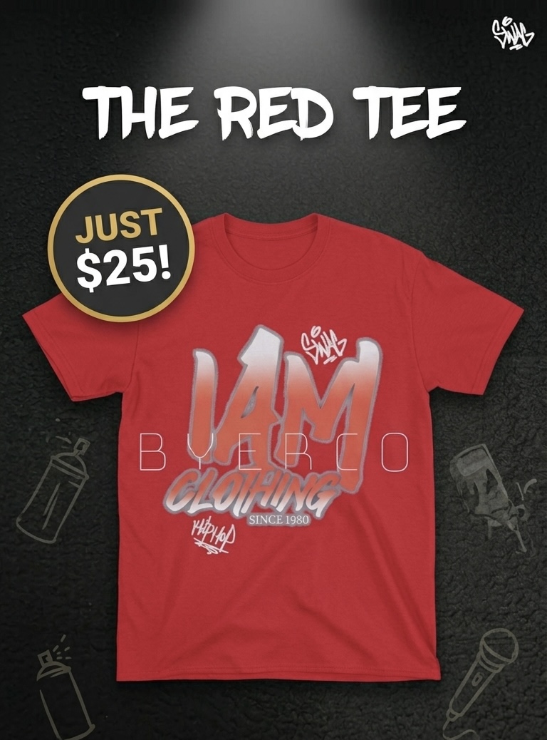Red T-shirt with white and gray graphic text, promotional price tag, and chalkboard-style background.