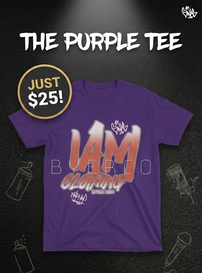 Purple T-shirt with large orange and white text, promotional price badge, and background with faint illustrations.