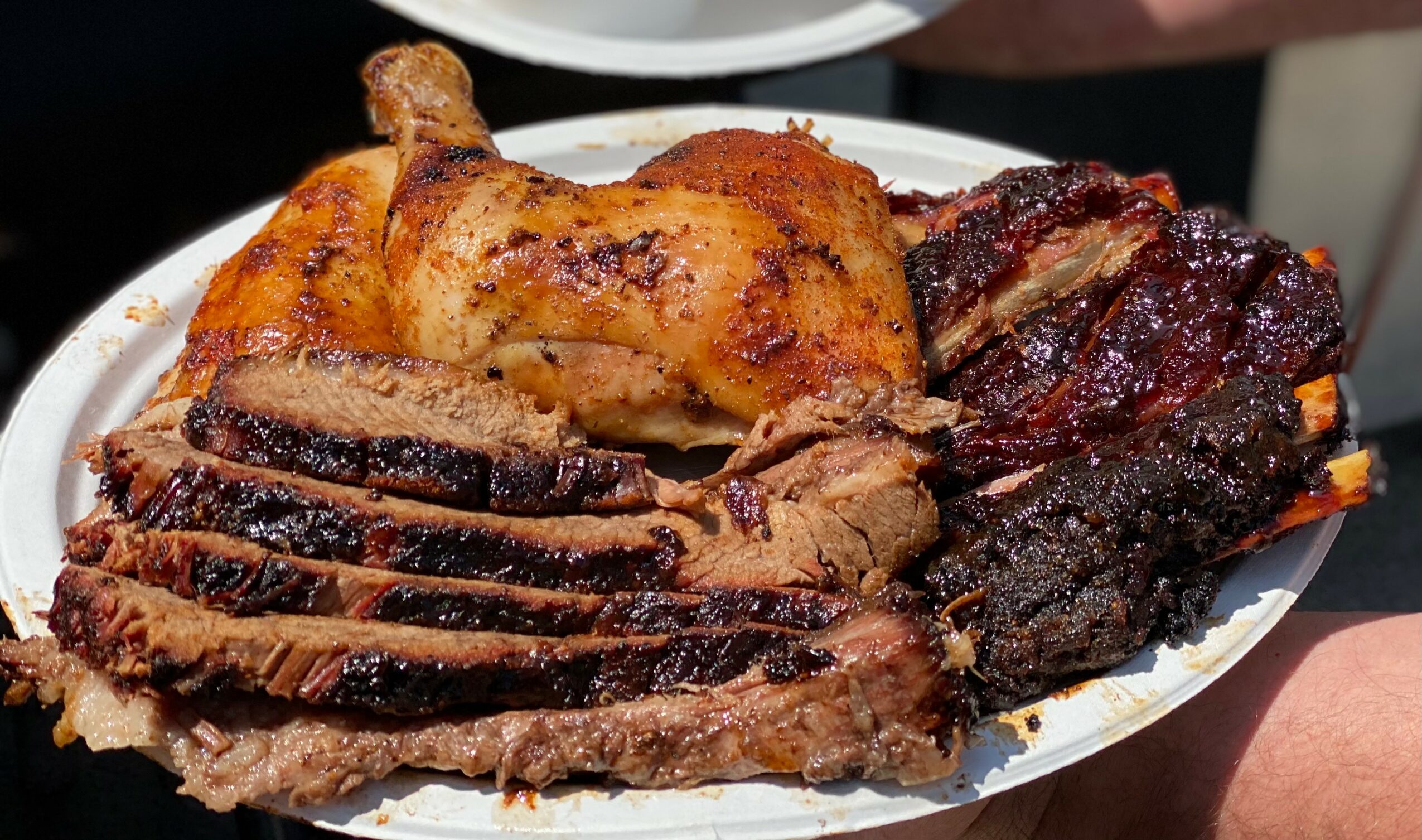 Plate with sliced beef brisket, a roasted chicken leg, and ribs, all cooked and seasoned, on a white dish.