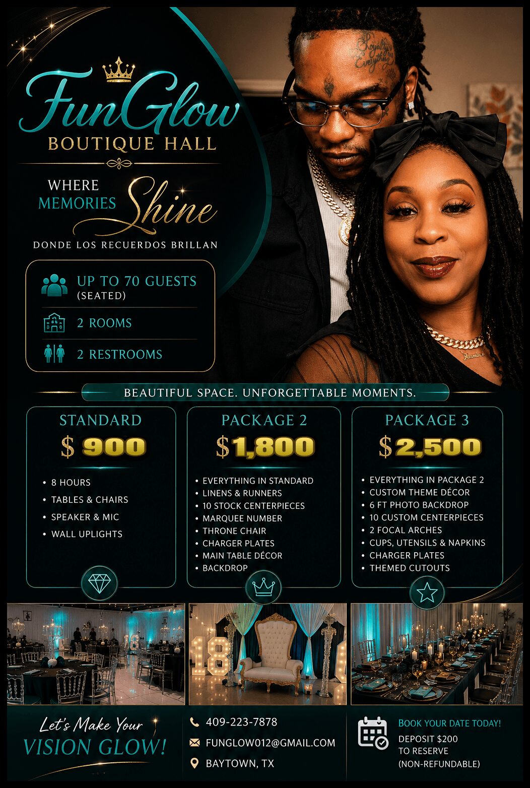 Event poster for FunGlow Boutique Hall featuring a man and woman, event details, packages, and contact information.