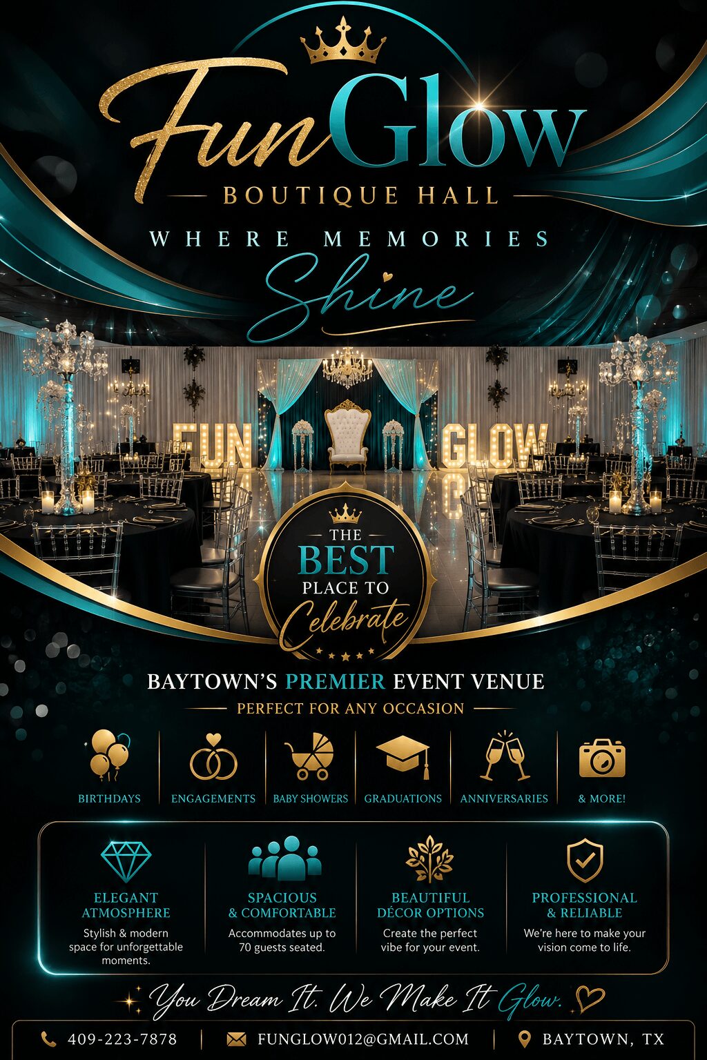 Event venue with elegant decor, chandeliers, and illuminated signs reading 'FUN GLOW' and 'The Best Place to Celebrate.'