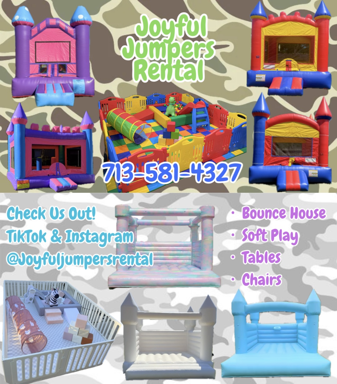 Colorful inflatable bounce house and play structures with text advertising rental services, contact number, and social media handles.