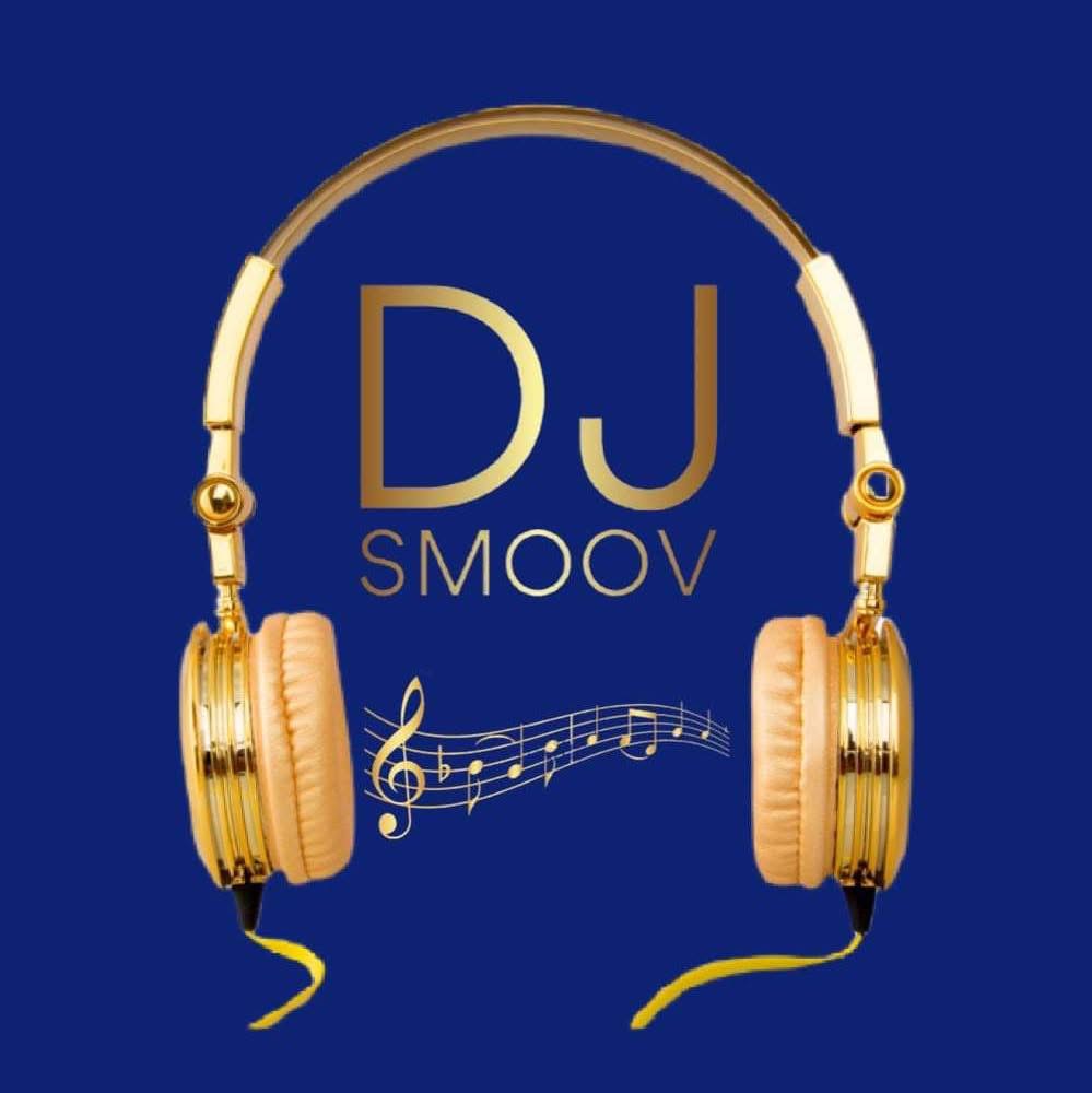 Logo with gold headphones, musical notes, and text 'DJ SMOOV' on a blue background.