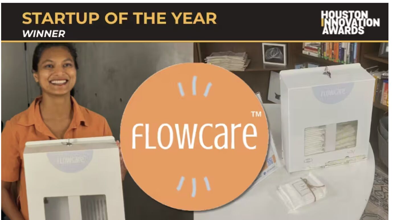 Young woman smiling next to a computer, with a large orange circle displaying 'FLOWcare' and 'STARTUP OF THE YEAR' text.