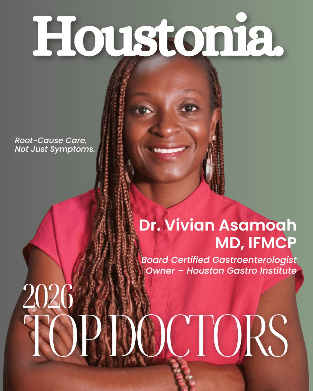 Smiling woman with braided hair wearing a pink top, holding a magazine cover titled 'Houstonia' with text about Dr. Vivian Asamoah.
