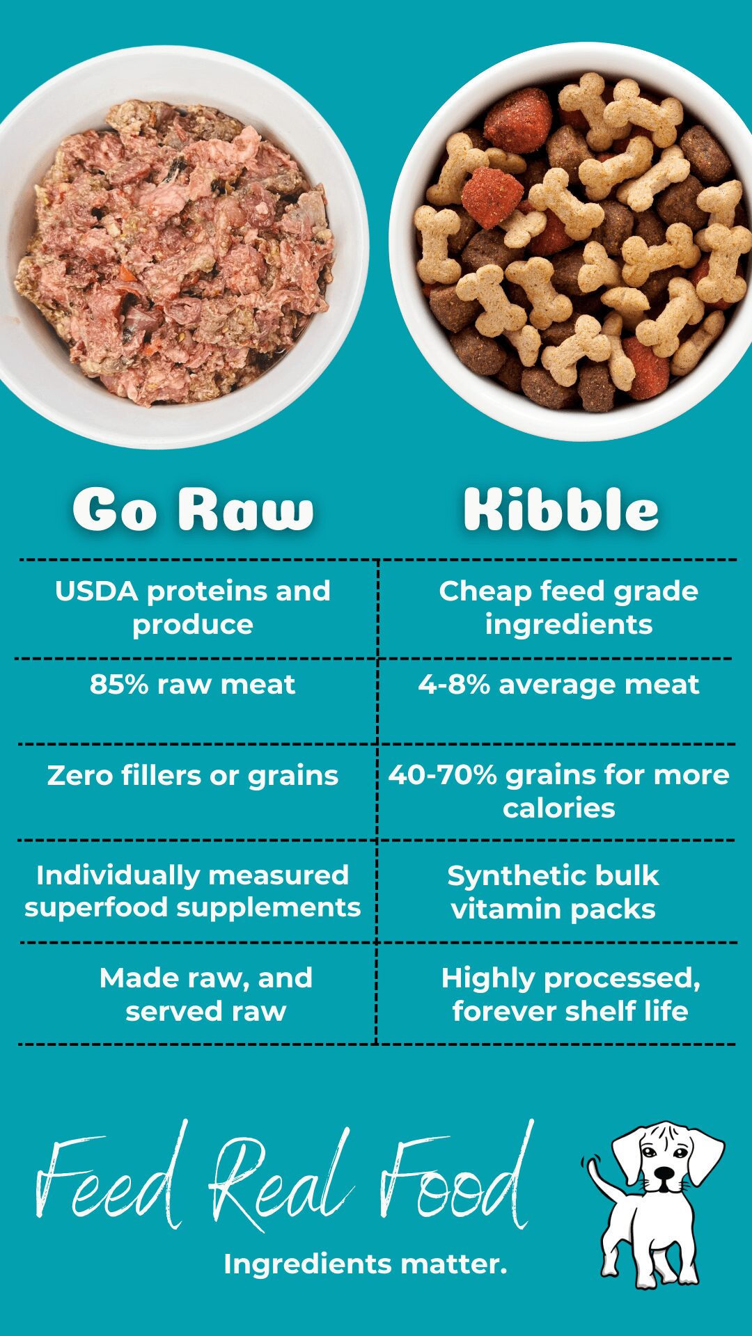 Comparison of raw pet food and kibble, highlighting ingredients, nutrition, and processing differences, with text and a dog illustration.