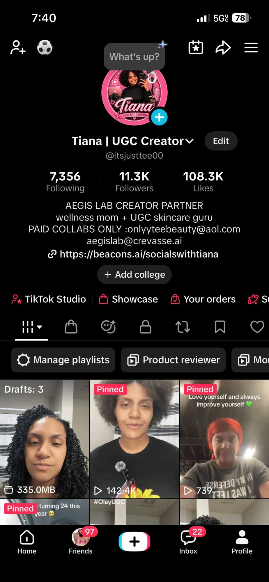 Screenshot of a social media app showing a profile, follower count, and video thumbnails with people, some with pink labels.