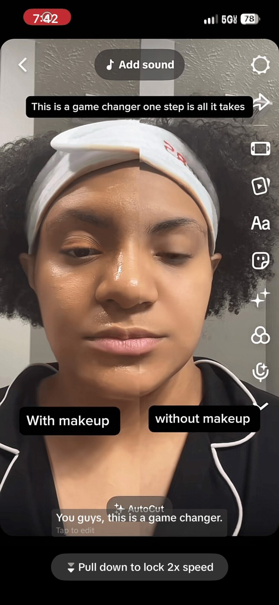 Side-by-side comparison of a woman with and without makeup, labeled accordingly, with a neutral background.