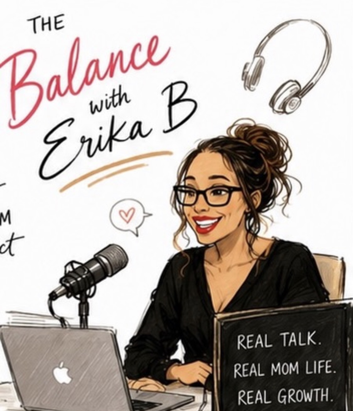 Illustration of a woman with glasses, curly hair, and a black top, sitting at a desk with a microphone and headphones, smiling.