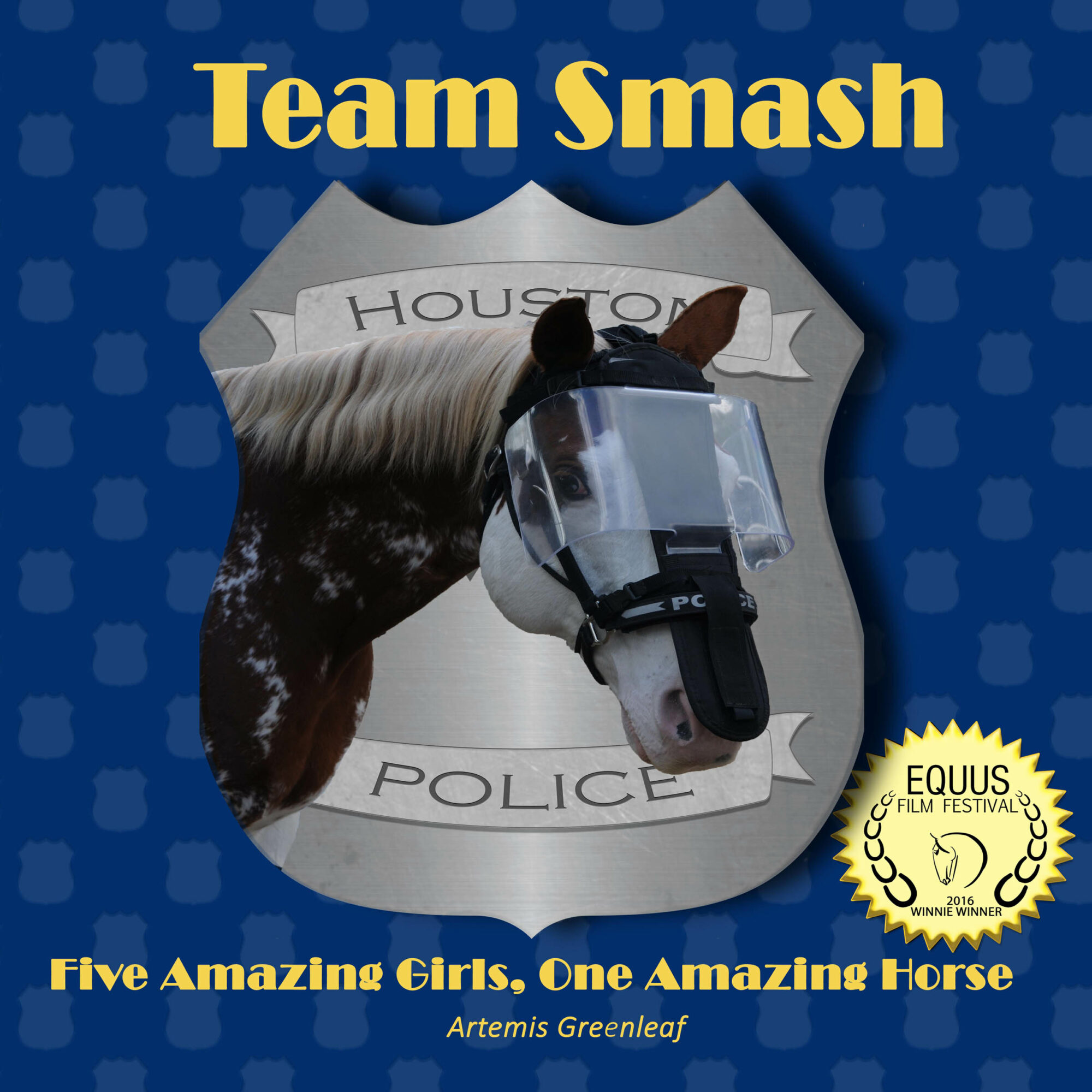 A horse wearing a police helmet behind a police badge with text, and a blue background with polka dots.