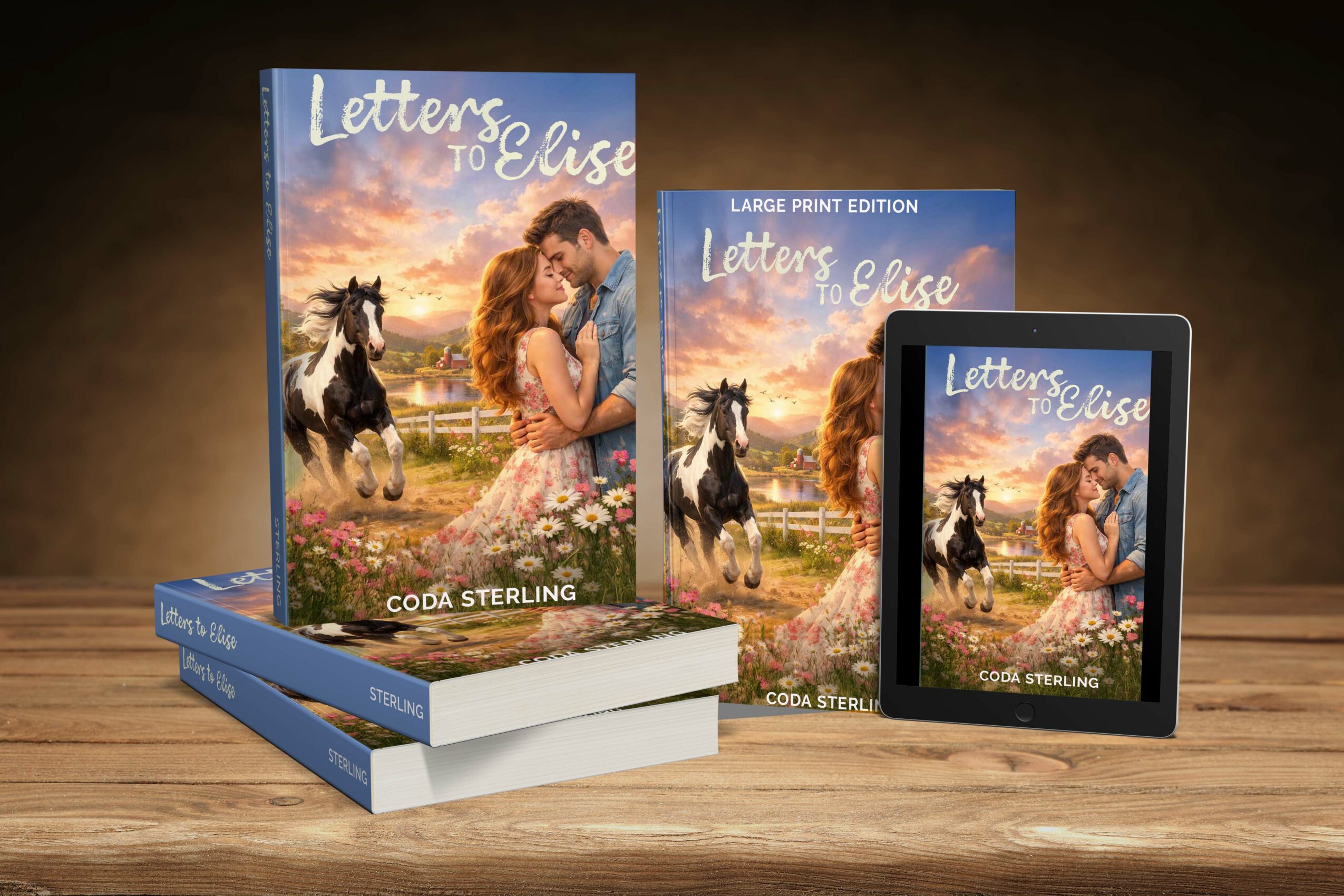 Book cover titled 'Letters to Elise' with a girl and horses in a field, displayed on a wooden surface.