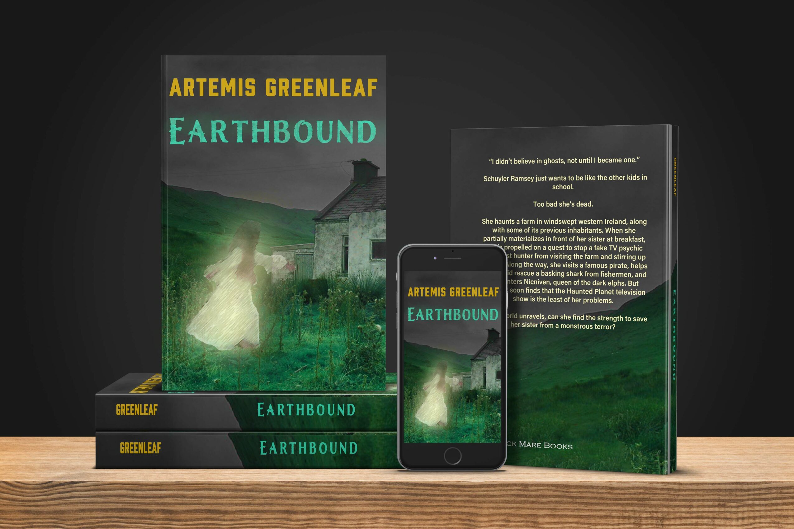 Book display with multiple copies of 'Earthbound' by Artemis Greenleaf, a smartphone, and a tablet showing the book cover and pages, against a dark background.
