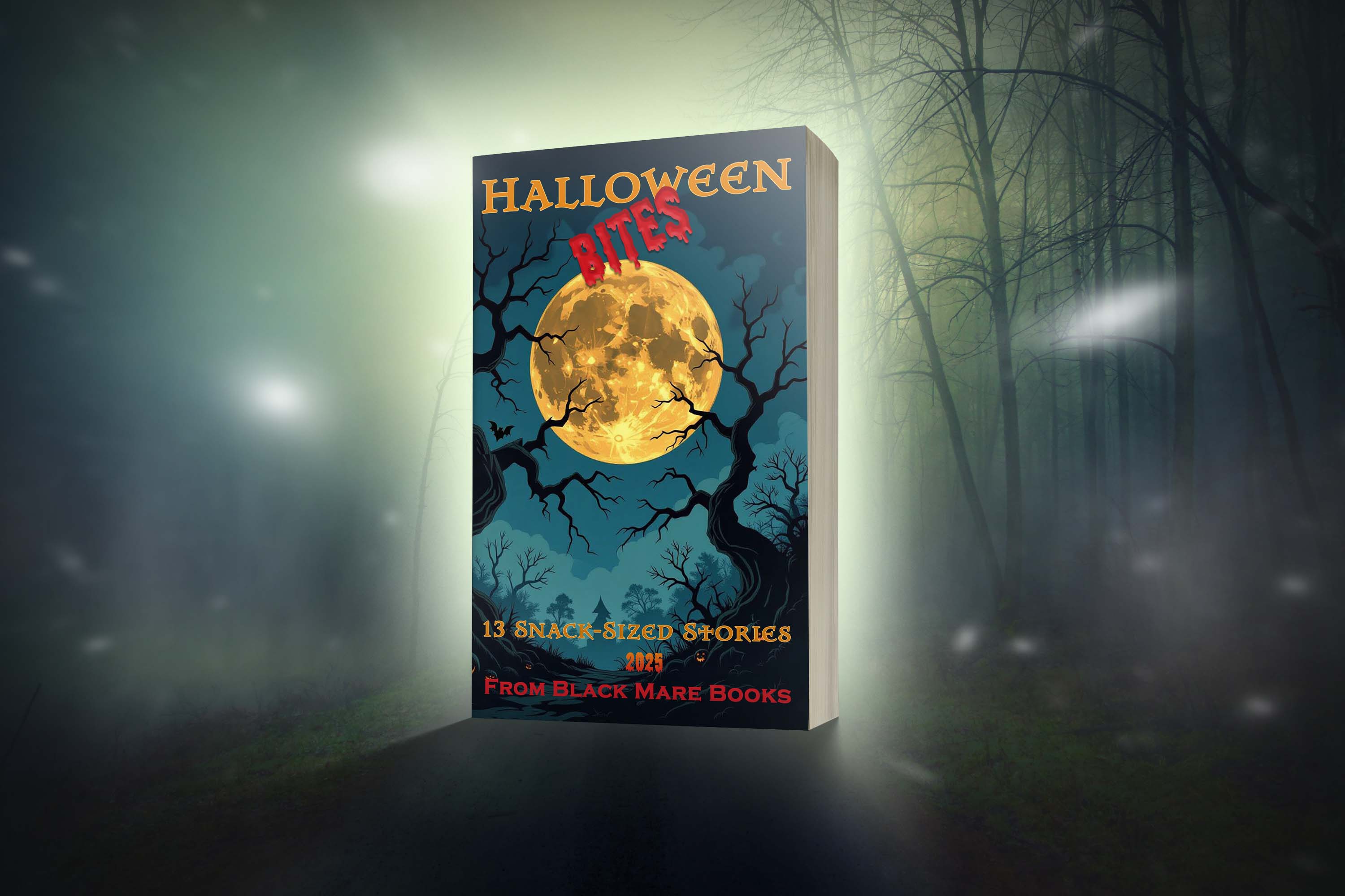 Book cover titled 'Halloween Night' with a full moon and dark tree branches, set in a foggy forest background.