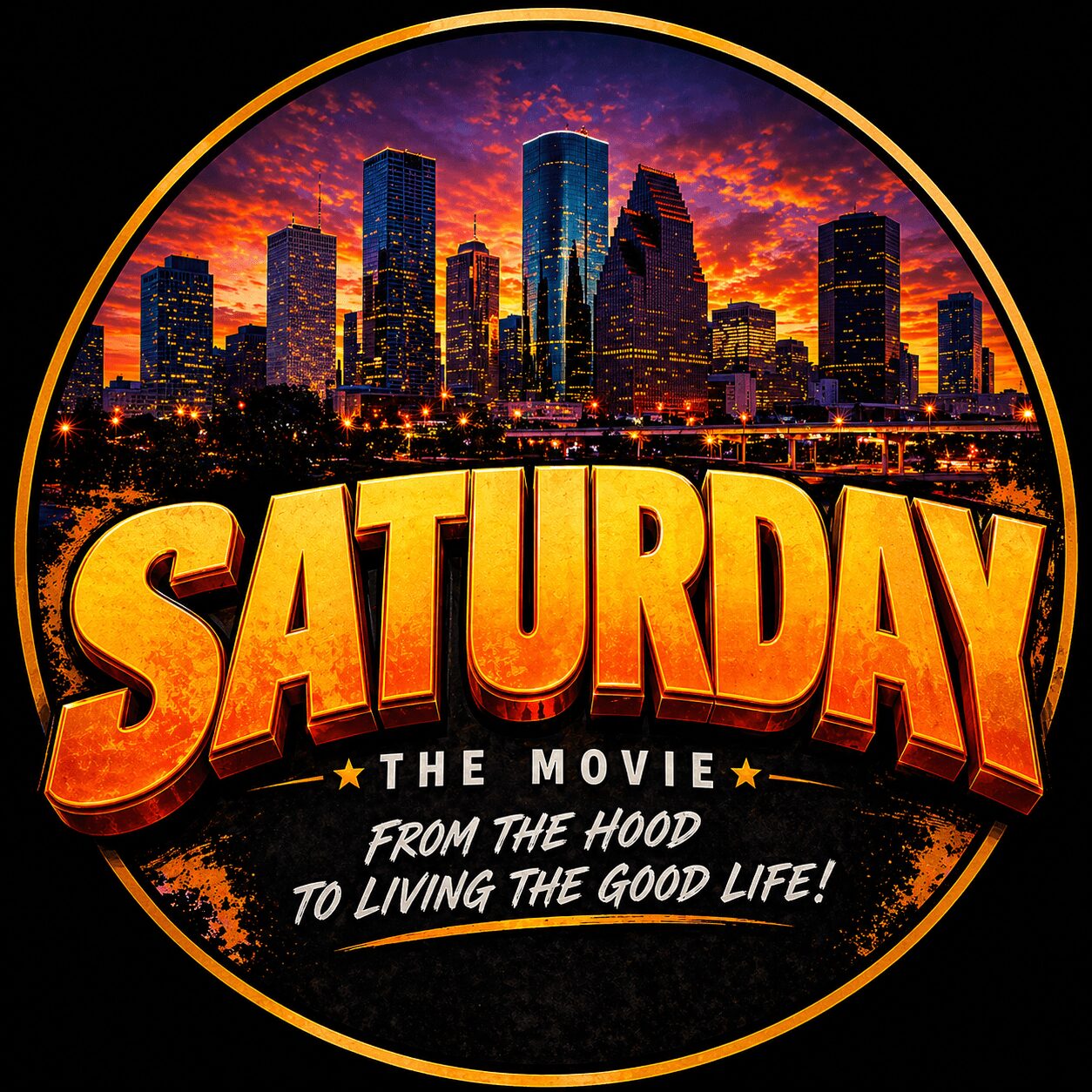 City skyline at sunset with bold yellow text 'SATURDAY' and smaller text about the movie and life.