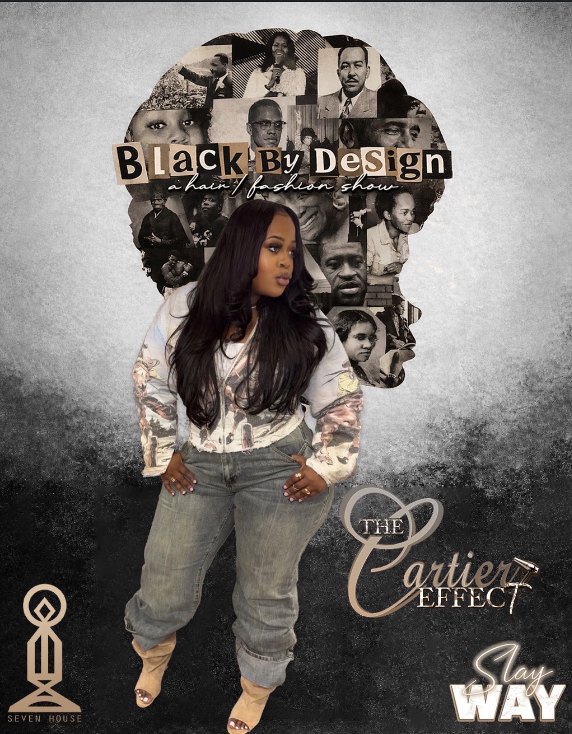Young woman with long dark hair standing in front of a collage of black and white photos inside a head silhouette, with text about design and effect.