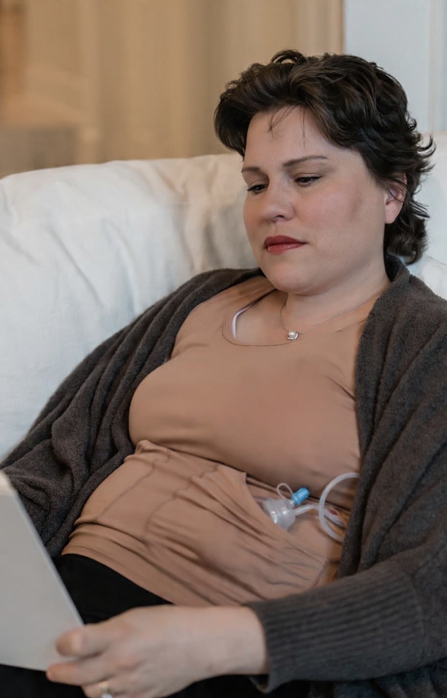 Woman with short dark hair sitting on a couch, looking at a tablet, wearing a beige top and dark cardigan.
