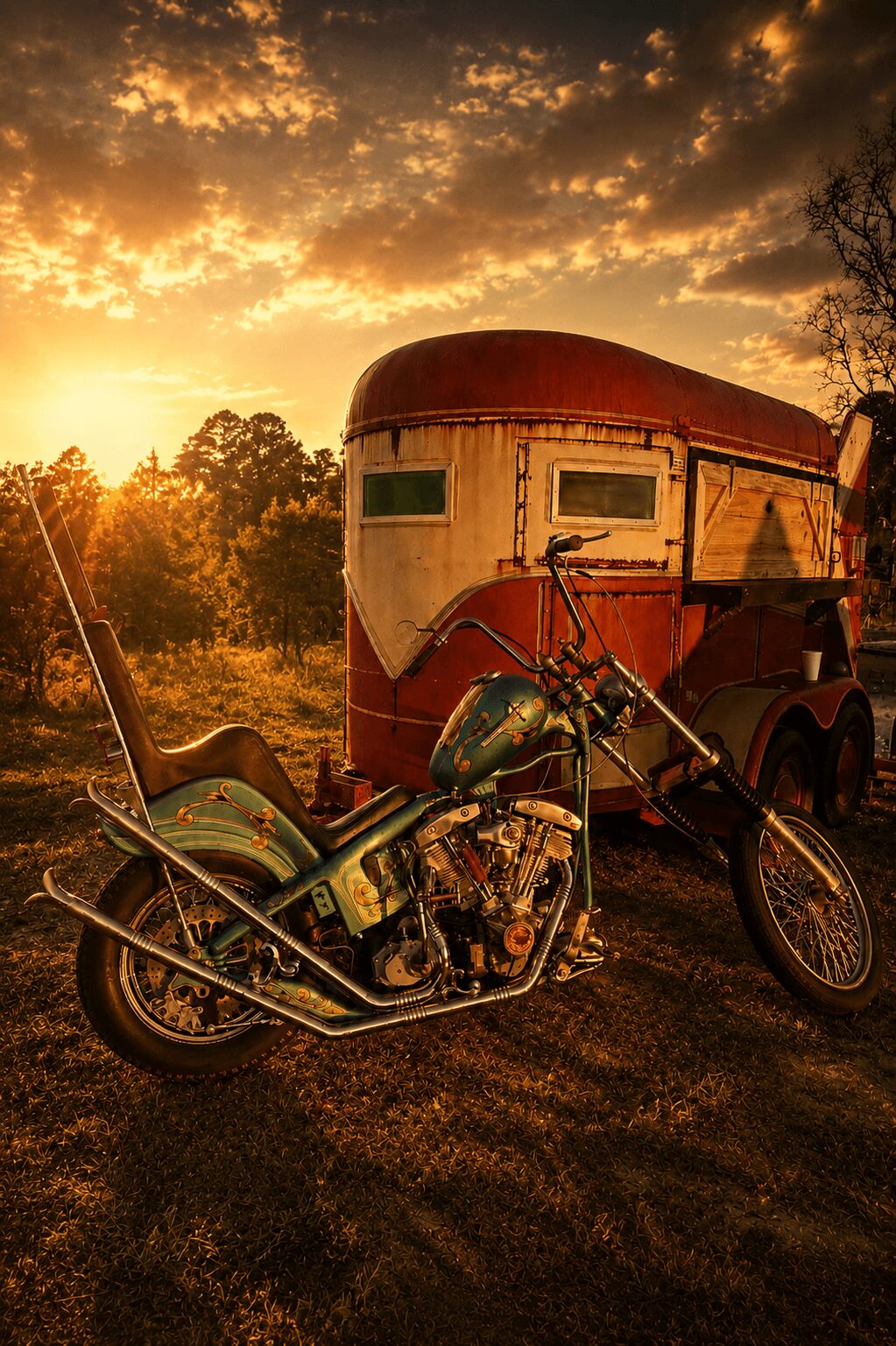 Motorcycle and trailer parked outdoors during sunset with trees and sky in background.