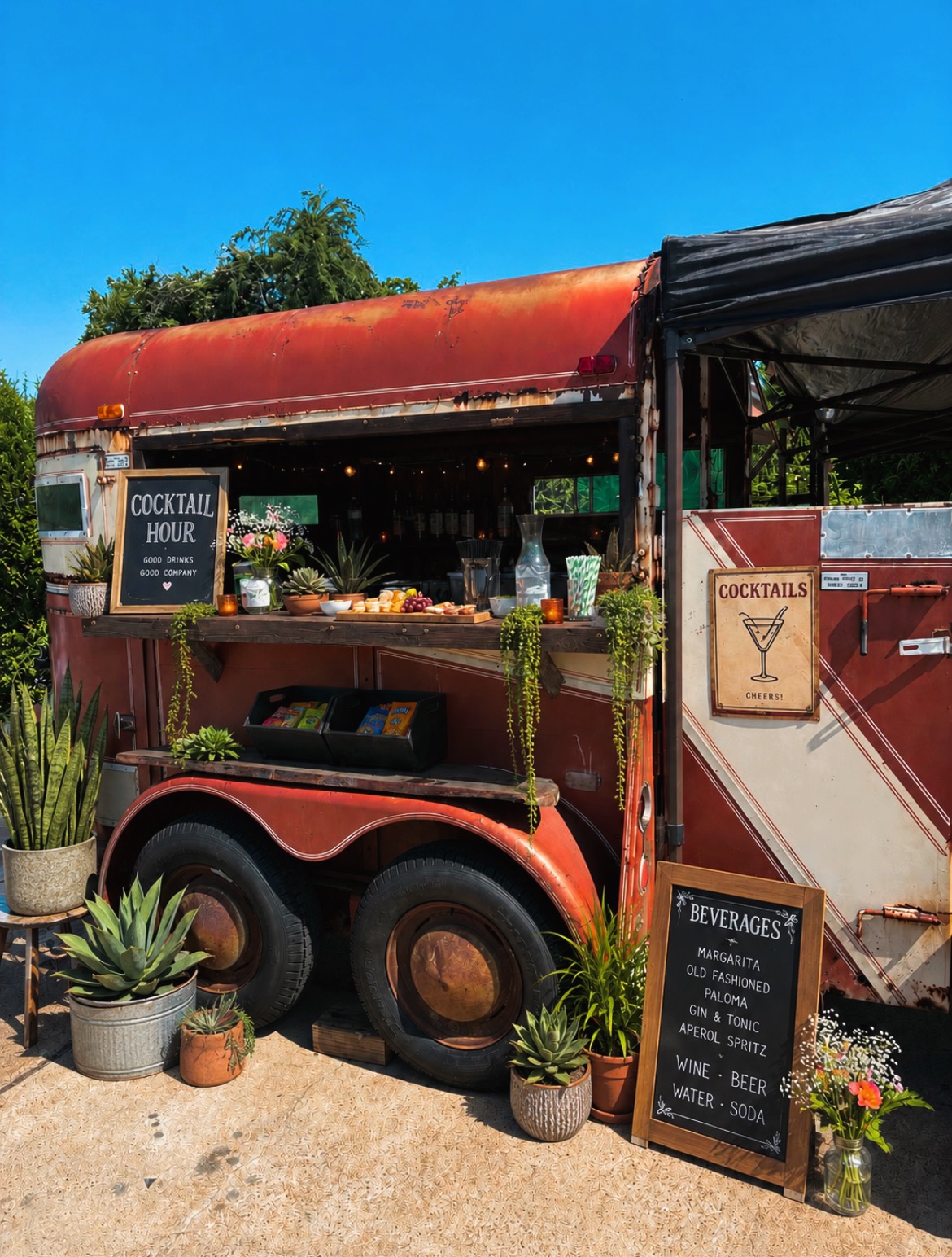 Red mobile bar with signs, surrounded by potted plants, set outdoors under a clear blue sky.