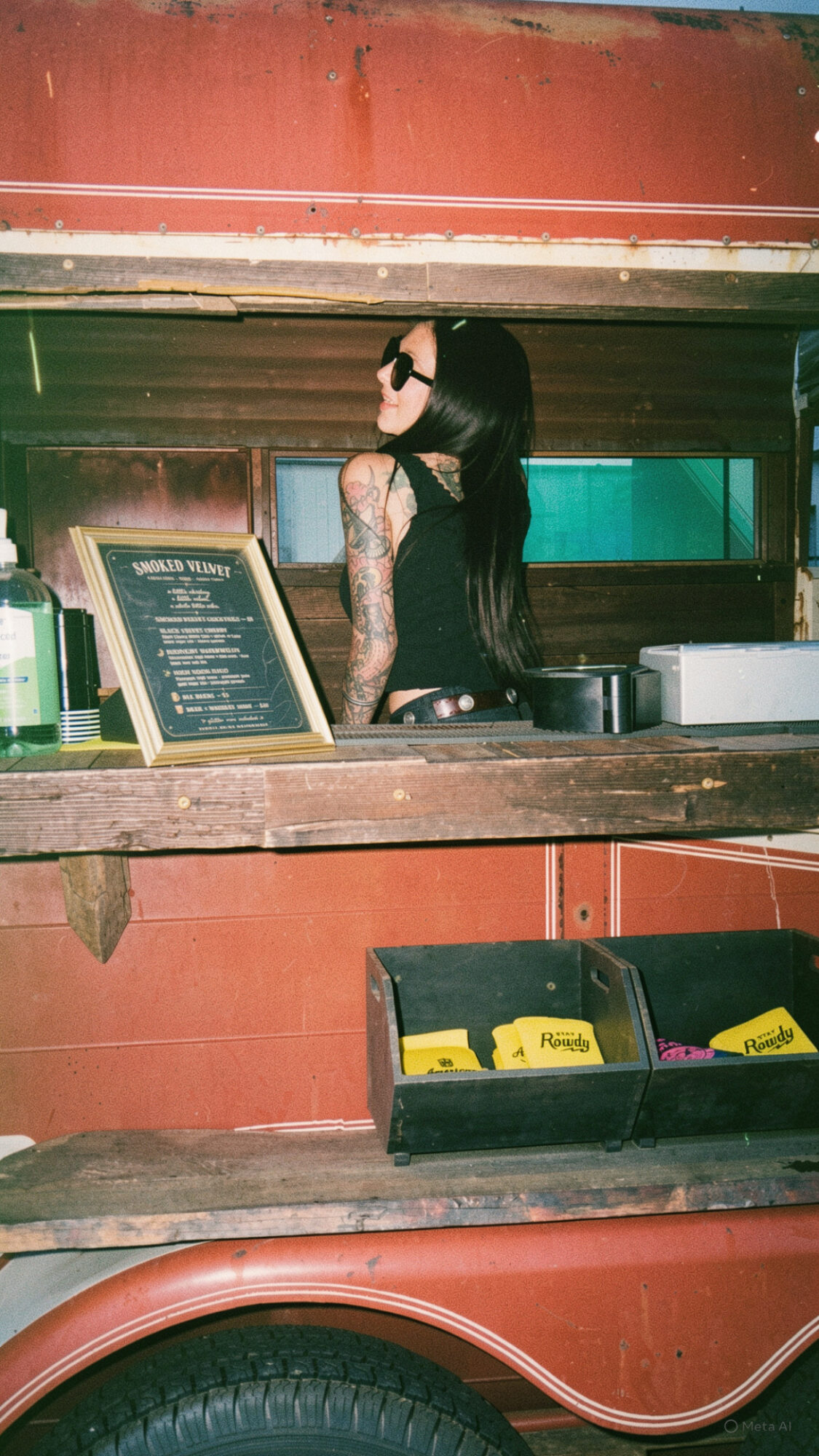 Person with long dark hair and tattoos standing behind a counter in a food truck, with a menu and supplies visible.
