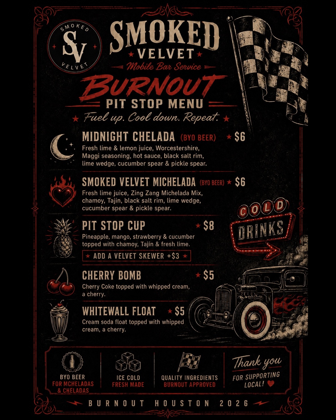 Black and red menu board with checkered flag, car illustration, and drink options, including cherry bomb and whitewall float.