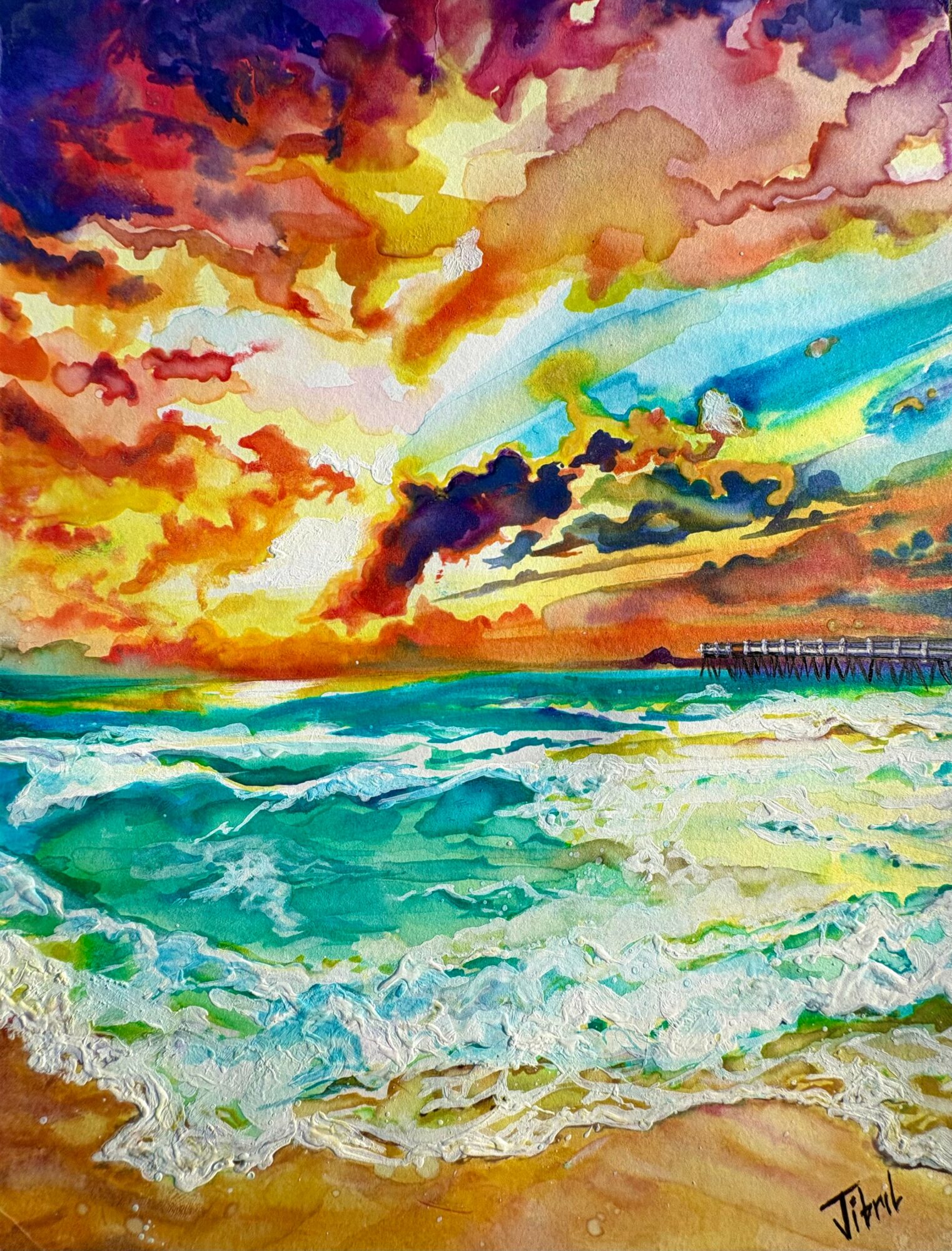 Colorful sunset over ocean with waves and a pier in the distance, vibrant sky with clouds and rainbow hues.