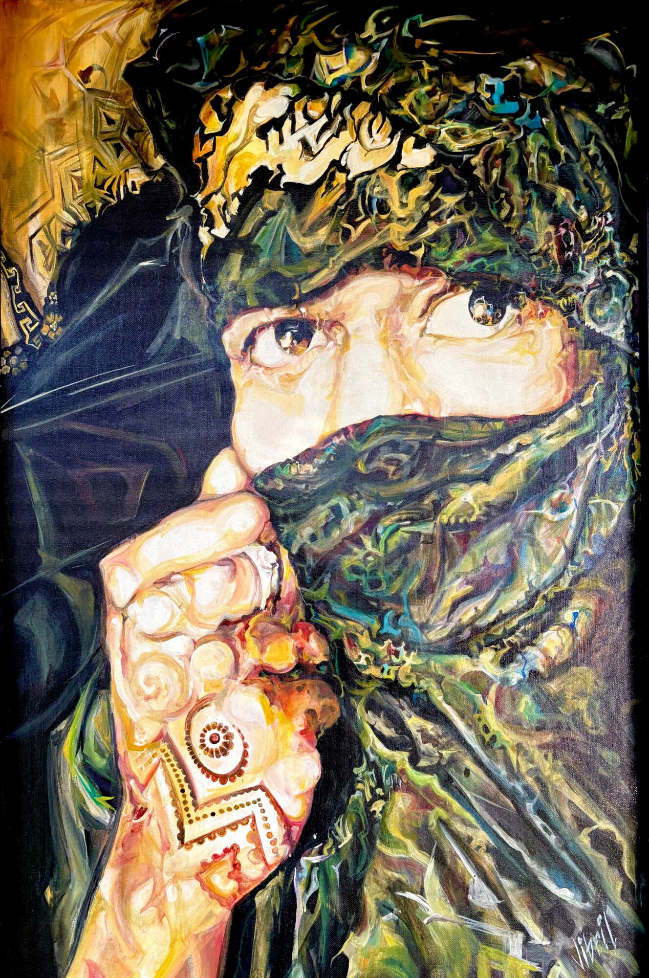 Person with eyes visible, wearing a patterned head covering and holding a decorated hand near face.