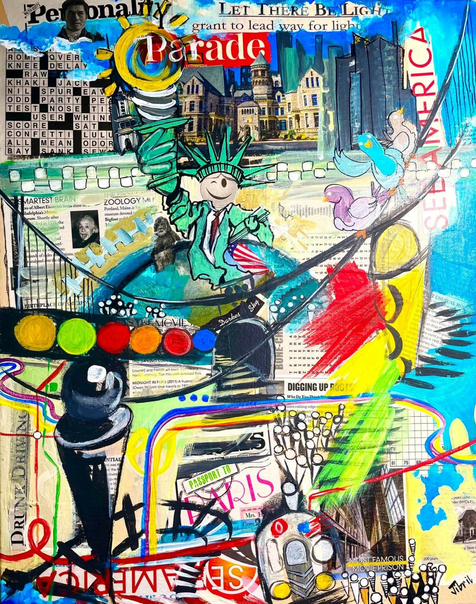Colorful collage with Statue of Liberty, cityscape, and various abstract elements, including a boat, flags, and graffiti-style art.