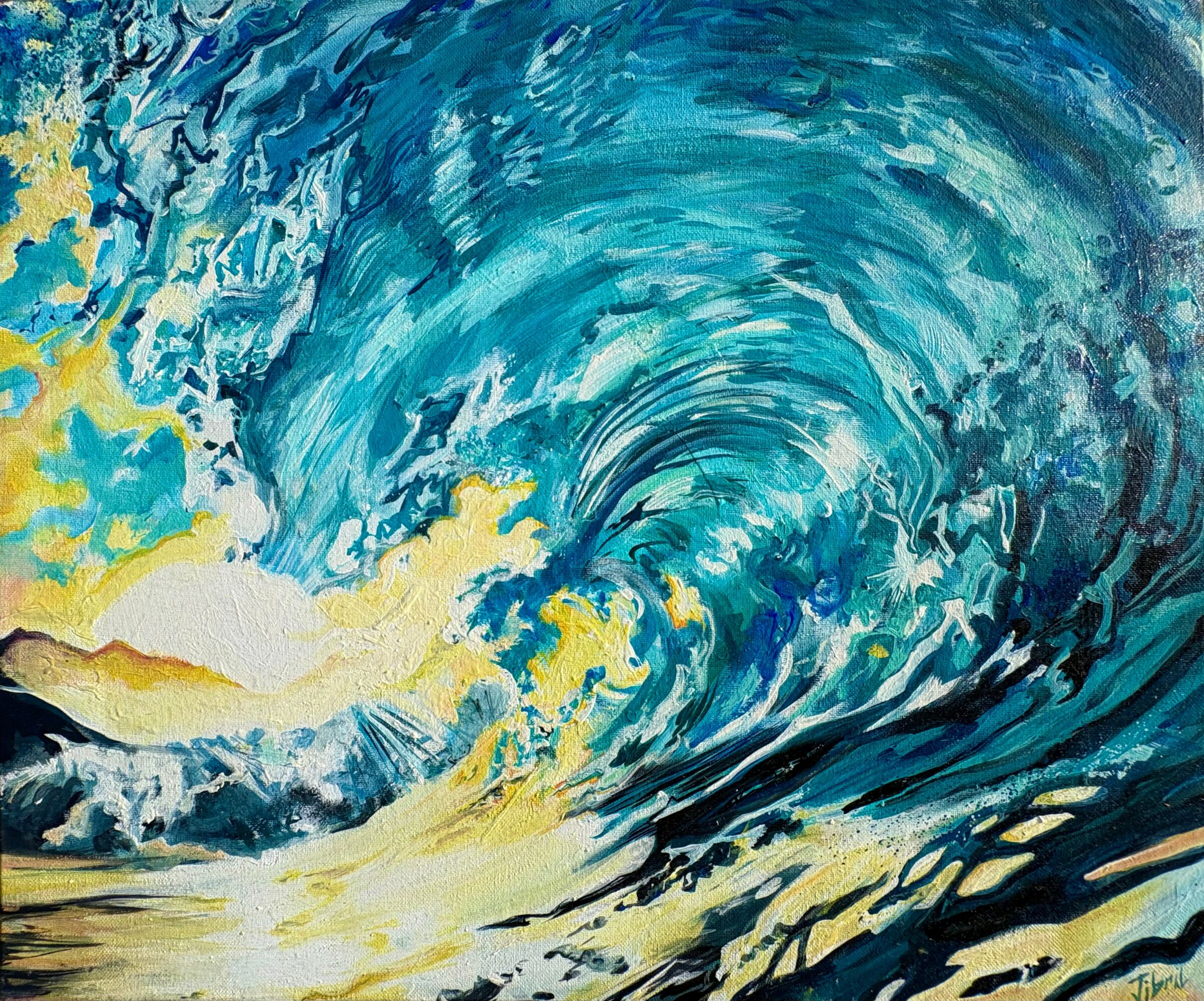 Abstract painting of a large ocean wave with blue, yellow, and white colors, swirling and crashing.