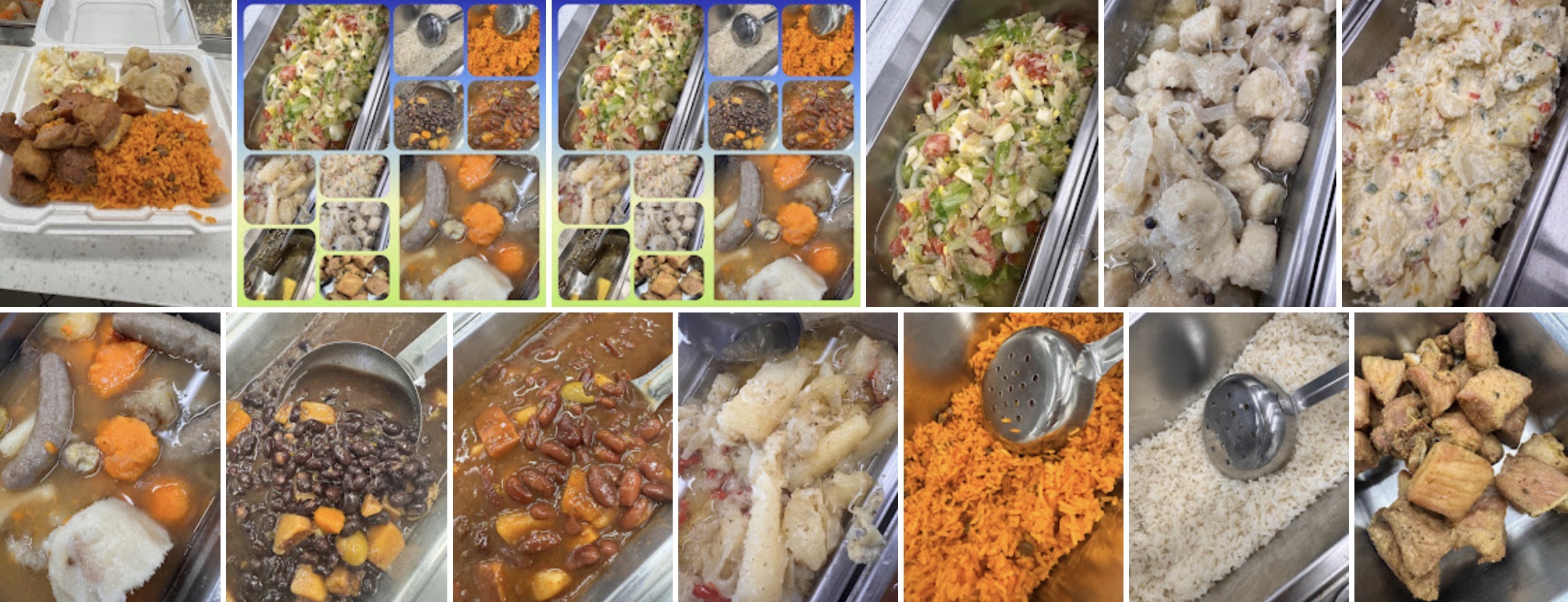 Collage of various food dishes, including rice, vegetables, and stews, with some close-up shots and mixed ingredients.