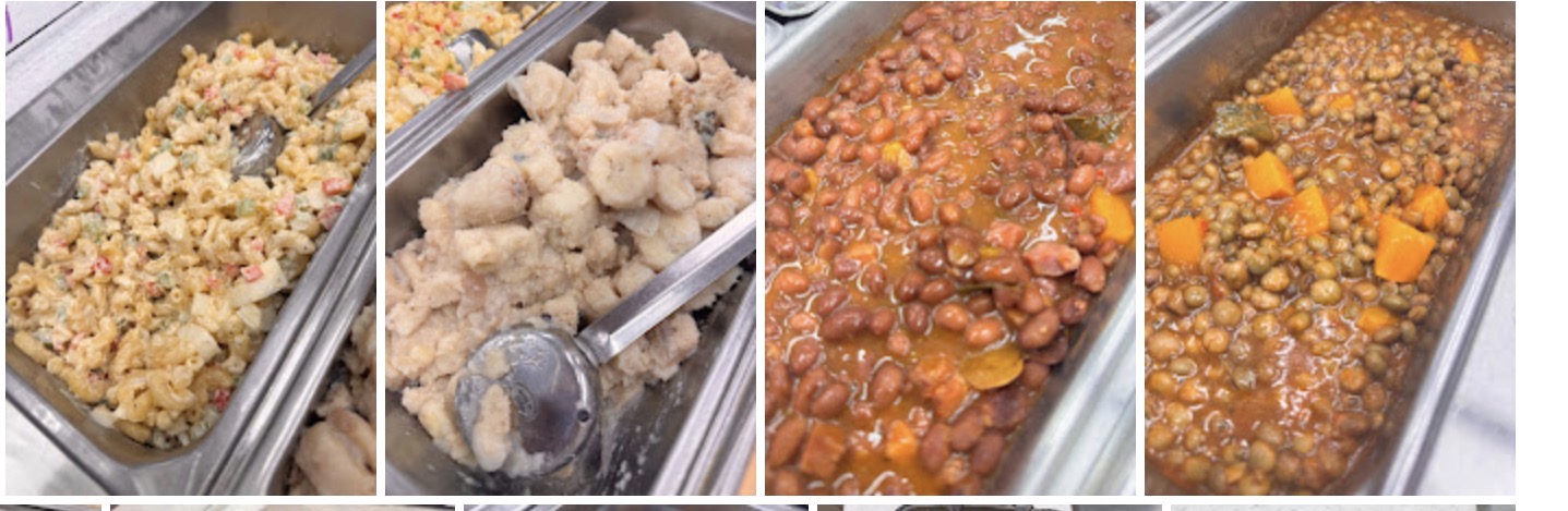 Four trays of food with different dishes, including rice, chicken, chili, and stew, viewed from above.