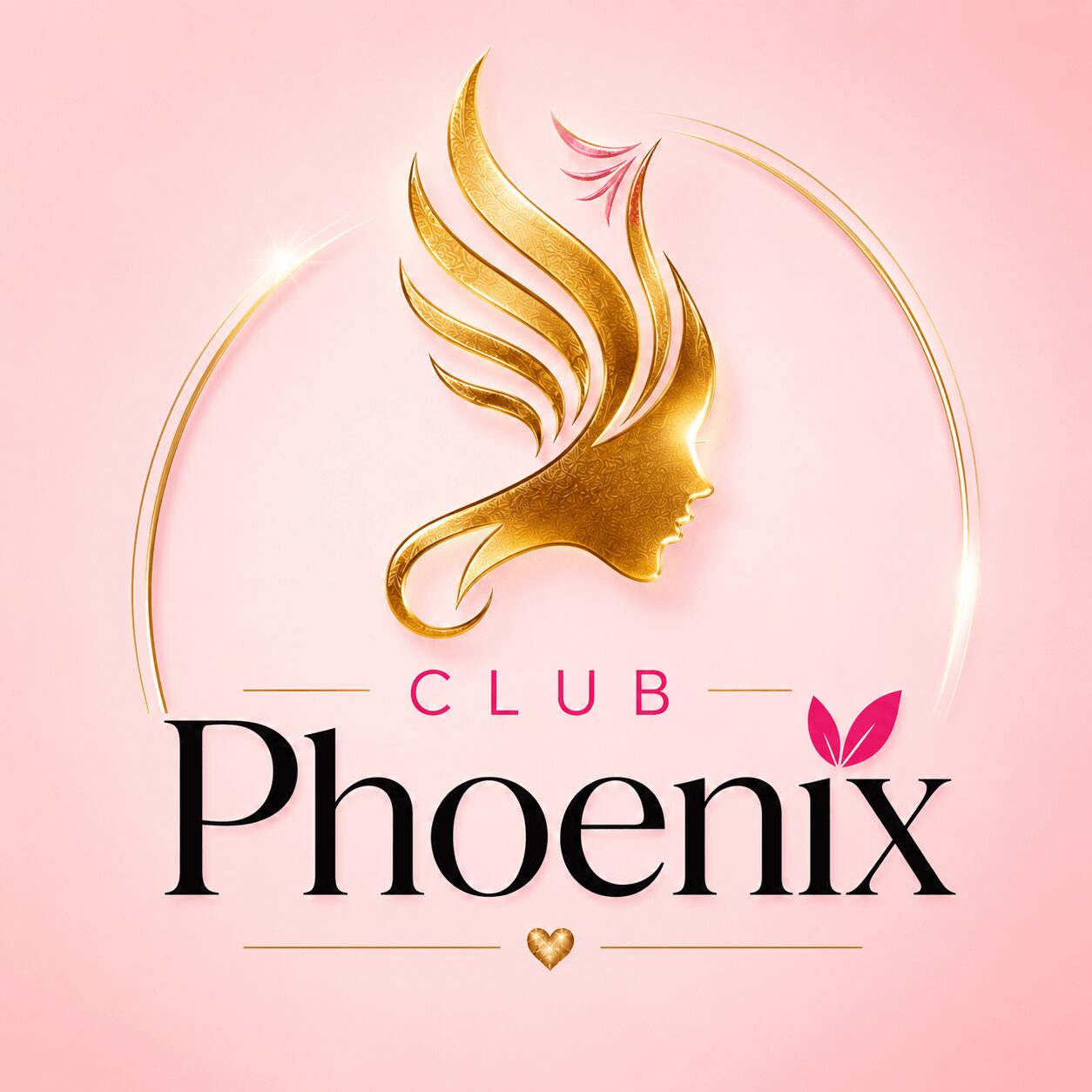 Golden silhouette of a woman's face with flowing hair, pink and black text, pink background, and a small heart and leaf design.