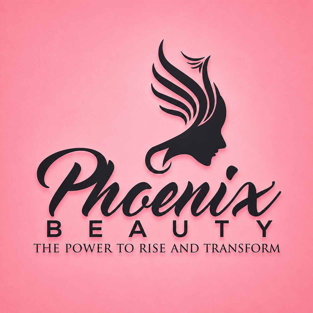 Black silhouette of a woman's face with flowing hair, pink background, text reads 'Phoenix Beauty' and 'The power to rise and transform'.