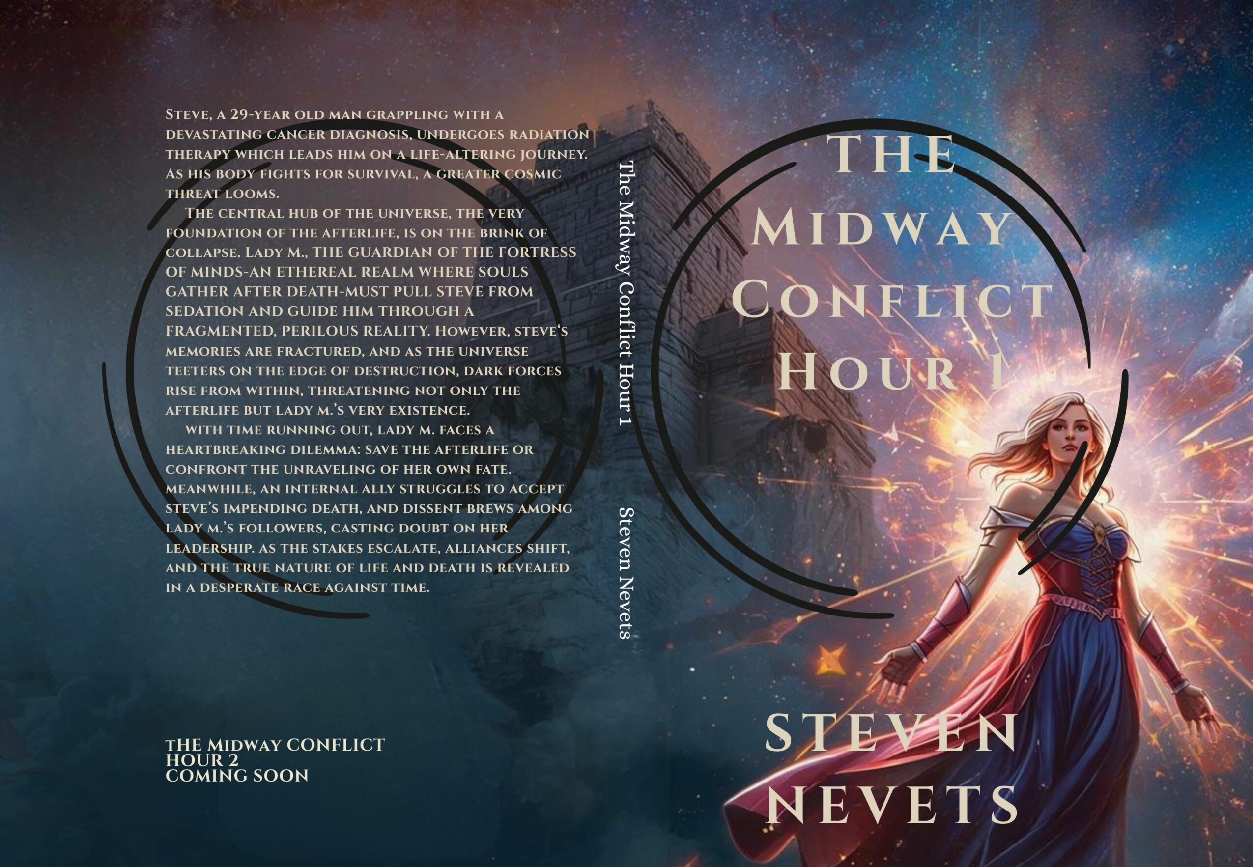 Book cover with a woman holding a sword, glowing light, and a cityscape background, titled 'The Midway Conflict Hour' by Steven Nevets.