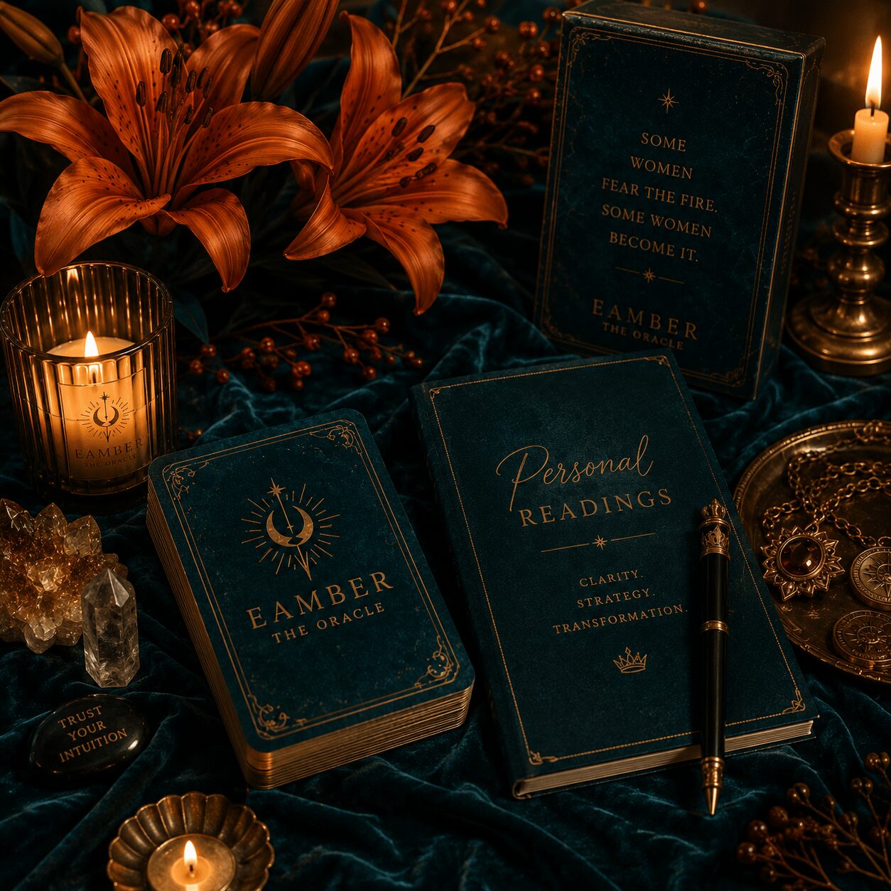 Books titled 'Personal Readings' and 'Some Women Have the Fire' surrounded by flowers, candles, and decorative objects on dark fabric.