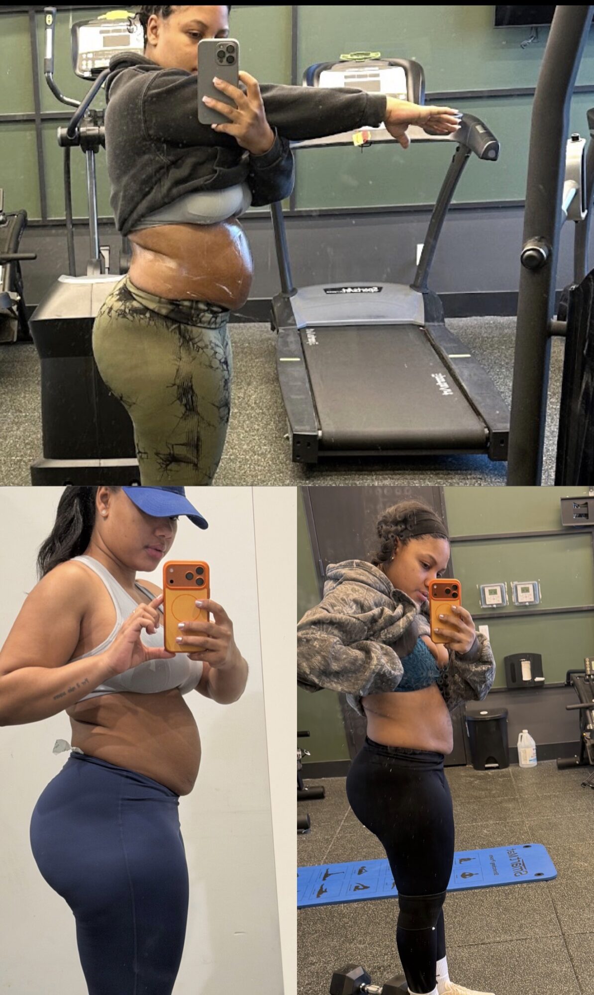 Three women taking mirror selfies in workout clothes, showing progress in fitness, in gym settings.