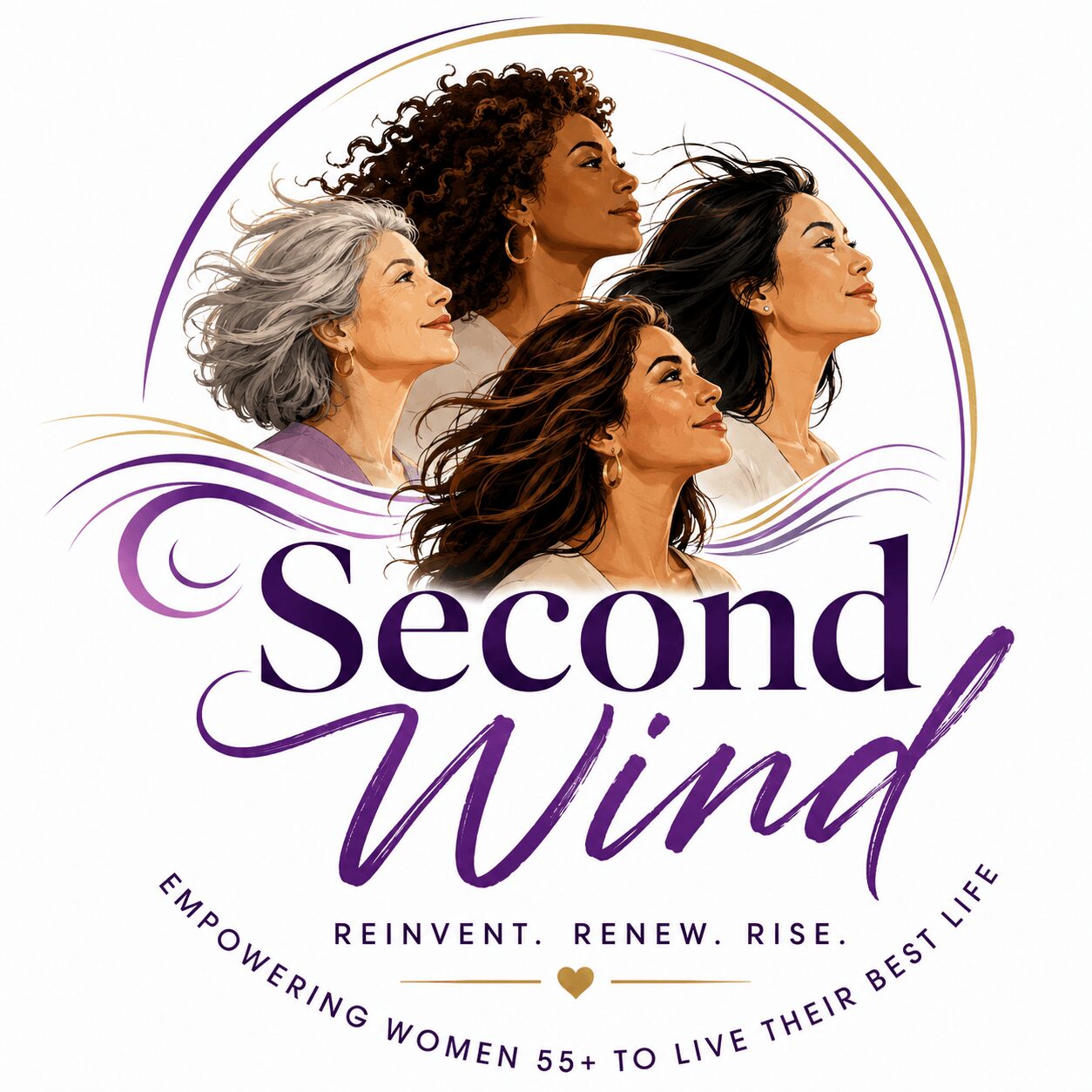 Four women with diverse hair styles looking upward, with the text 'Second Wind' and a tagline about empowering women.