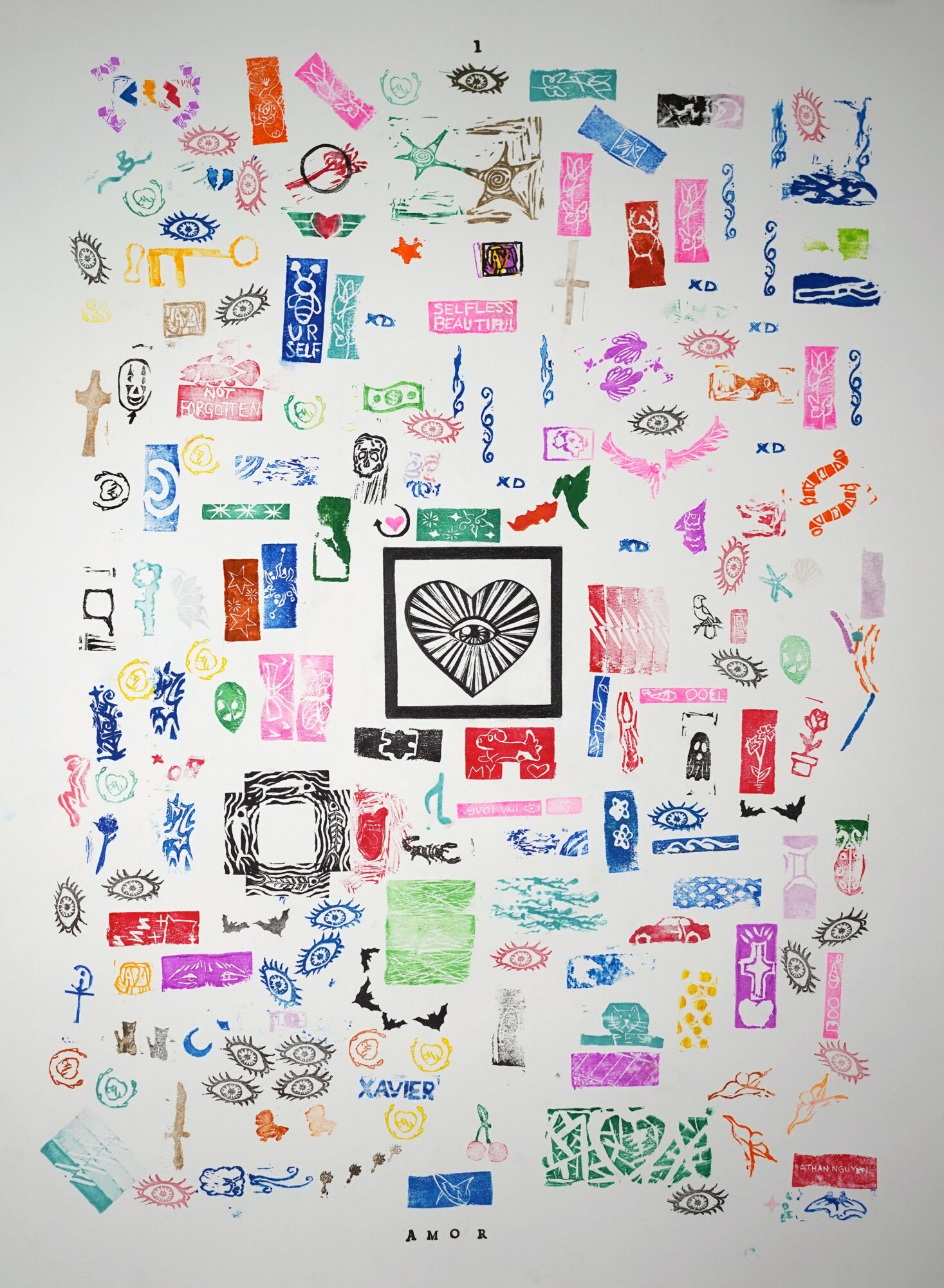 Colorful abstract patterns and symbols surrounding a central black and white heart with radiating lines, on a white background.