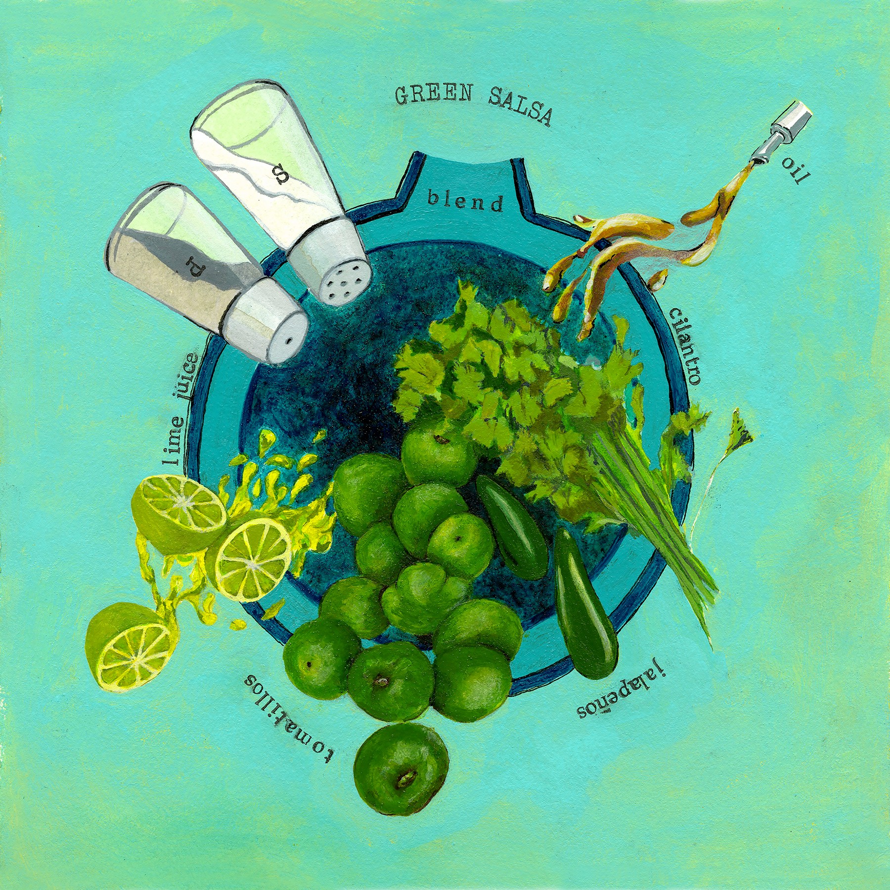Illustration of ingredients for green salsa, including limes, tomatillos, jalapeños, and cilantro, with salt, oil, and a blender. Word labels.