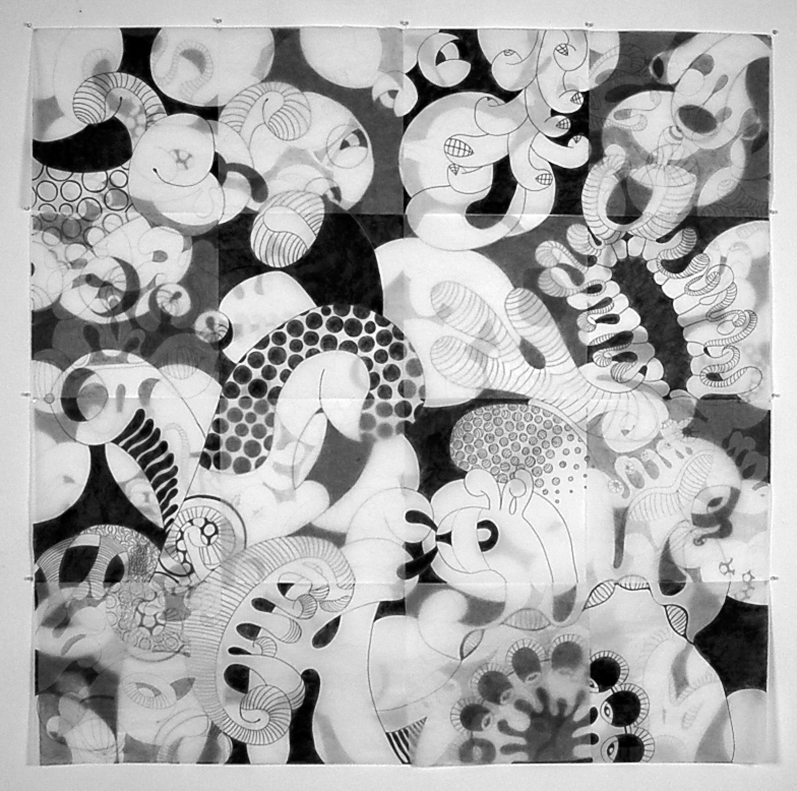 Abstract black and white drawing with various cartoon-like creatures and patterns, densely packed and overlapping.