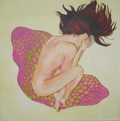 A nude woman with long hair curled around her head, sitting on a colorful patterned cloth, with her hands covering her face.