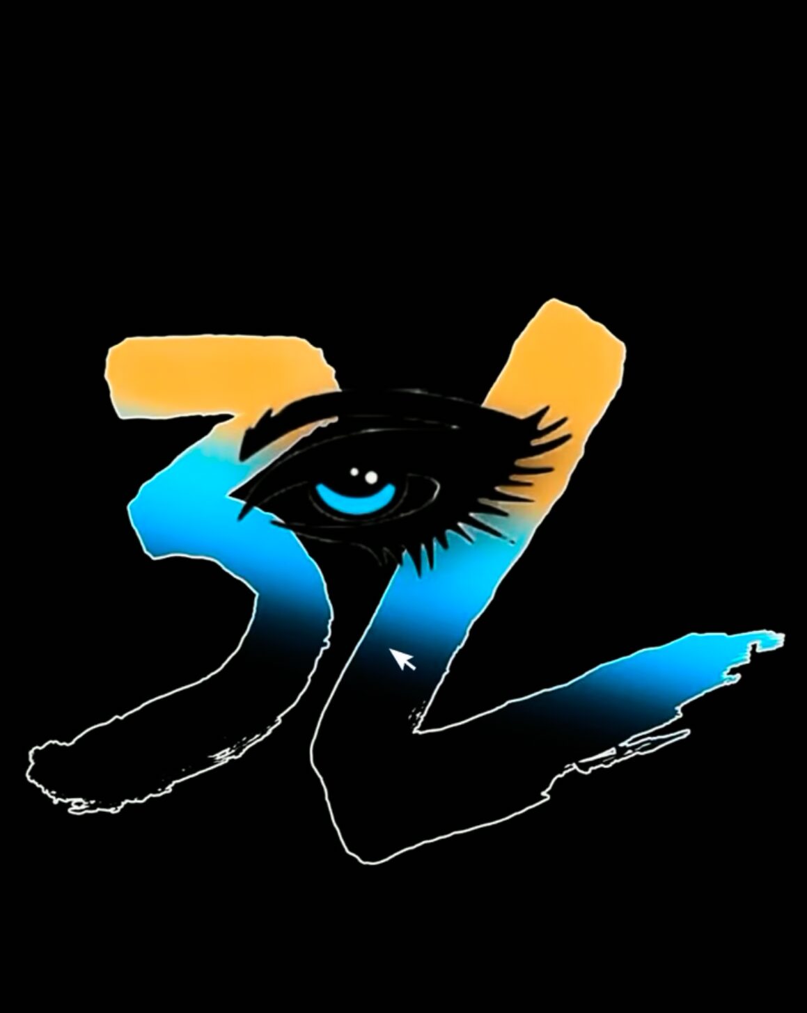 Stylized eye with blue and yellow brush strokes, black background, and abstract design, resembling a number 52.