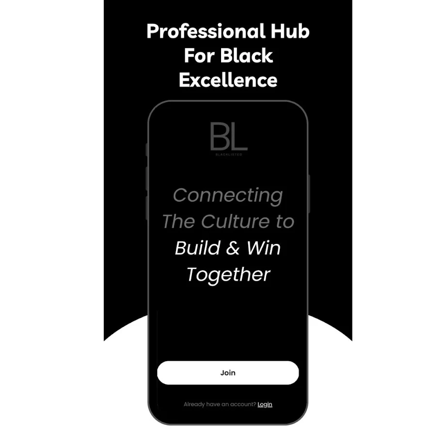 Black background with white text promoting a professional hub for Black excellence and a mobile app with a join button.