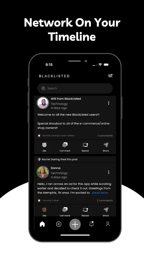 Smartphone screen displaying a social media app with a black theme, showing a network notification and a post, with a black background.