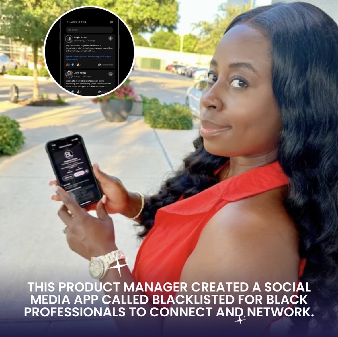 Woman in red top holding phone outdoors, looking at camera; inset shows social media app screen; text about Black professionals and social media.